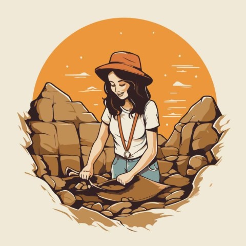 Vector illustration of a girl in a hat and shorts on a backgroun