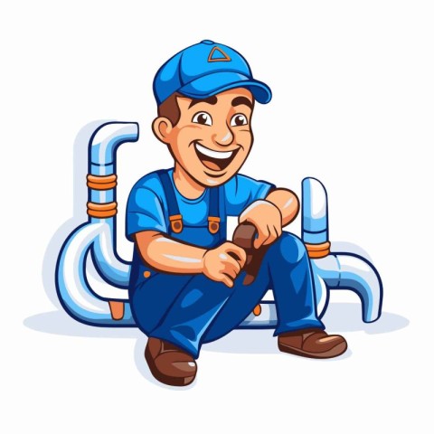 Plumber sitting on pipe and holding a wrench. Vector illustratio