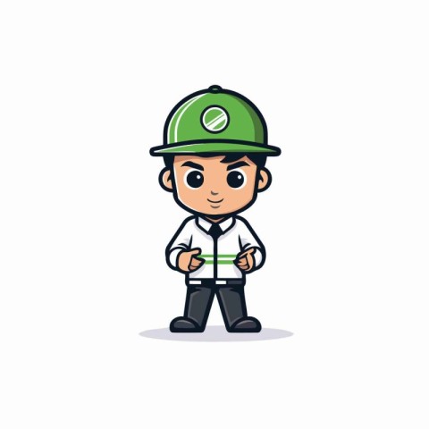 Cartoon Engineer Character with Green Cap and Safety Belt. Vecto