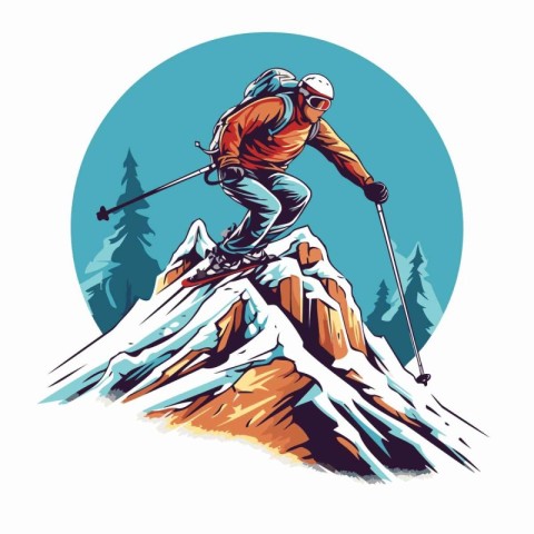 Skier on the top of the mountain. Vector illustration in retro s