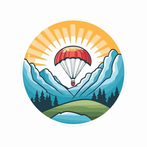 Parachute in the mountains. Vector illustration in retro style.