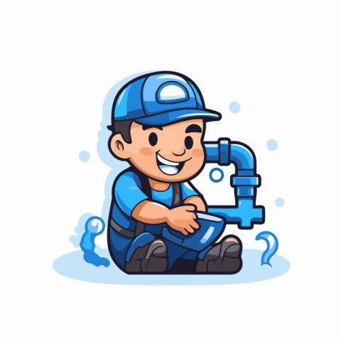 Plumber cartoon character with water tap and question mark. Vect