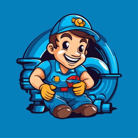 Vector illustration of Cartoon Plumber with Pipe. Isolated on bl