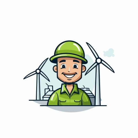 Engineer man with wind turbine in the background. Vector illustr