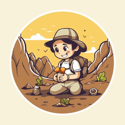 Illustration of a Little Boy Hiking in the Desert with a Strawbe