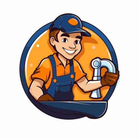 Plumber with wrench. Vector illustration of a plumber in uniform