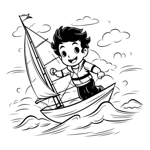 Cartoon illustration of a boy sailing on a boat. Black and white