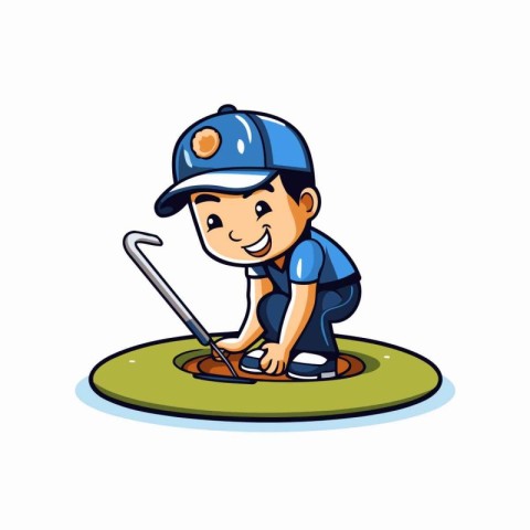 Illustration of a Kid Boy Plumber Repairing a Hole in the Ground