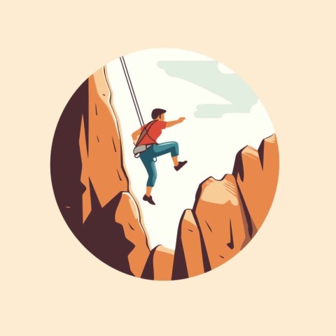 Man climbing on the top of the mountain. Flat style vector illus