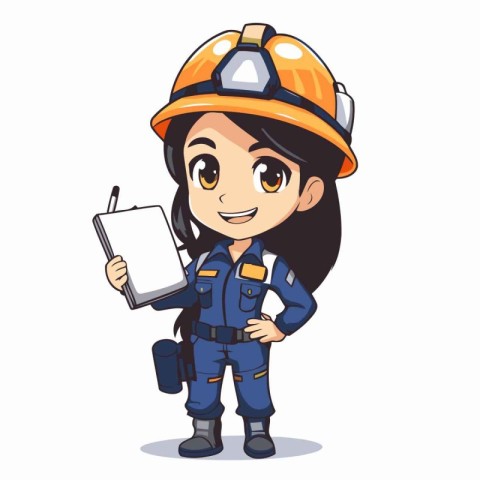 Cartoon woman engineer in helmet and uniform holding clipboard.