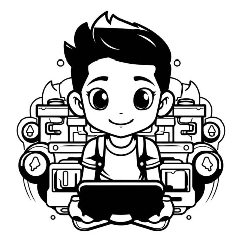 Boy with a Tablet PC - Black and White Cartoon Illustration. Vec