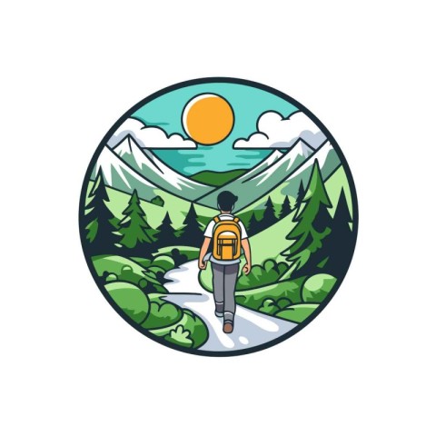 Hiker with backpack in the mountains. Vector illustration on whi