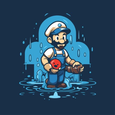 Cartoon illustration of a plumber with a bucket in his hands