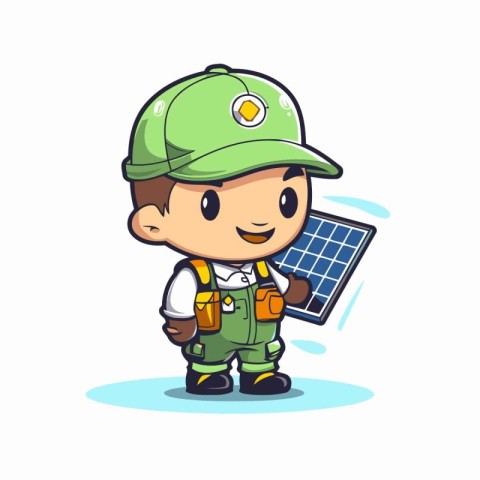 Cute engineer boy holding solar panel. Vector cartoon character