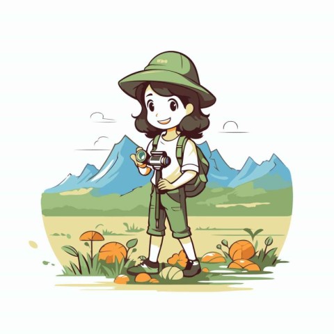 Tourist girl with binoculars in nature. Vector illustration.