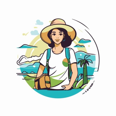 Woman tourist with backpack and hat on the beach. Vector illustr