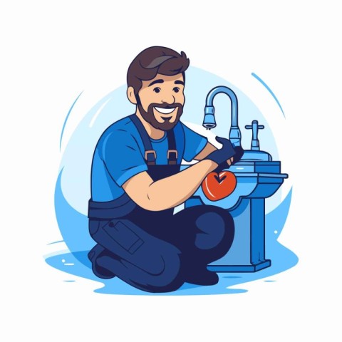 Plumber with a wrench and a sink. Vector illustration in cartoon