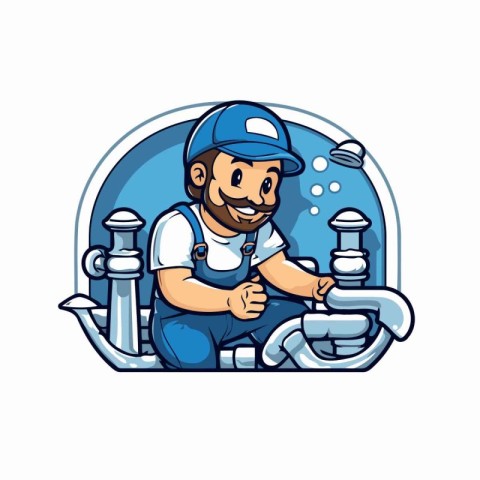 Plumber cartoon character. Plumber with pipe. Plumber icon. Plum