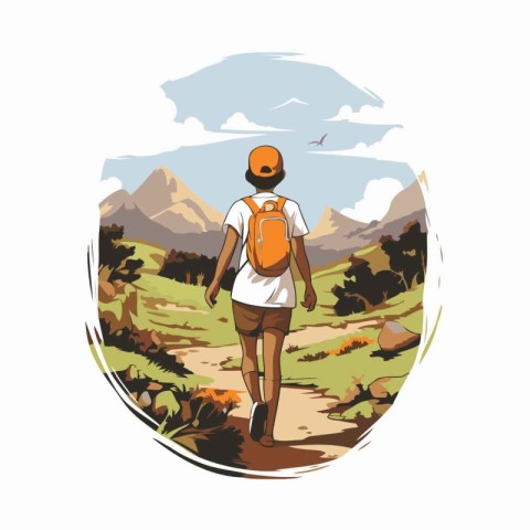 Hiking in the mountains. Tourist with backpack. Vector illustrat