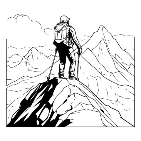 Hiker on the top of the mountain. Vector illustration in sketch