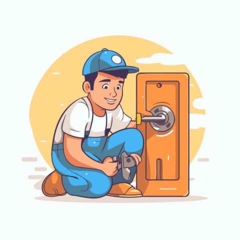 Plumber at work. Vector illustration in a flat cartoon style.