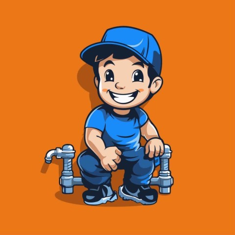 Cute Little Boy Plumber with Pipe Plumbing Service Cartoon Chara