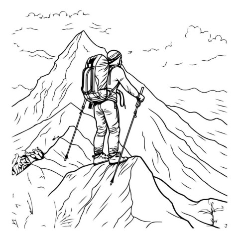 Hiker on the top of a mountain. Hand drawn vector illustration.