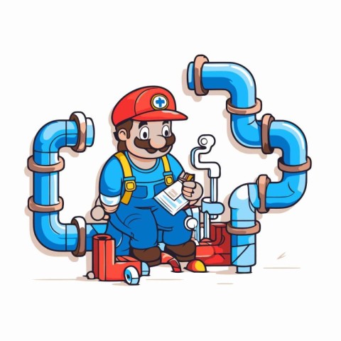 Plumber with tools and pipe. Vector illustration. Cartoon charac