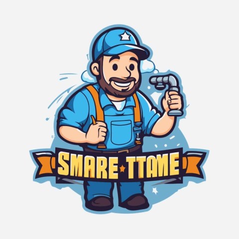 Smiling plumber with wrench in his hand. Vector illustration.