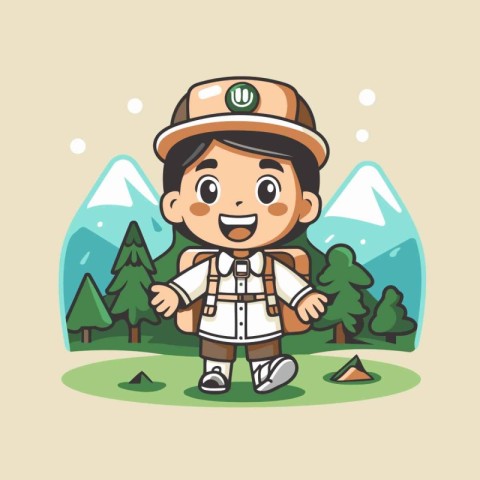 Cute boy scout with backpack in the mountains. Vector cartoon il