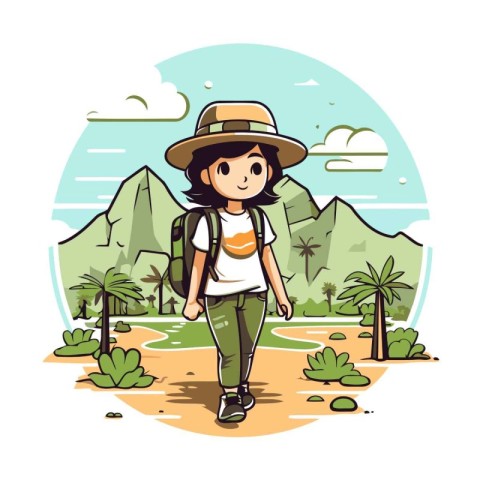 Hiking girl with backpack and hat. Vector illustration in cartoo