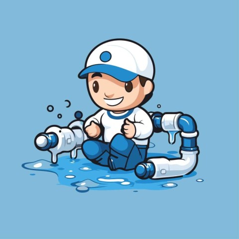 Illustration of a Plumber Wearing a Plumber's Hat Sitting in Wat