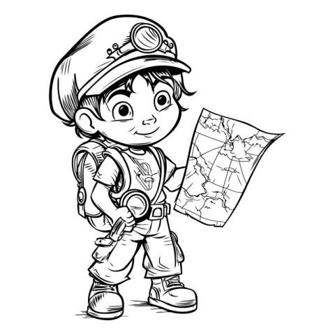 Vector illustration of a boy explorer with map on a white backgr