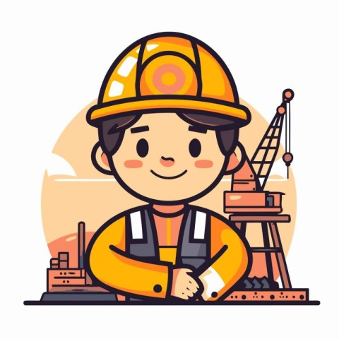 Cute cartoon engineer character in a hard hat. Vector illustrati