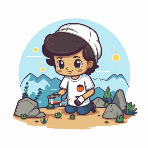 Cute little boy cooking in the nature. Vector cartoon illustrati