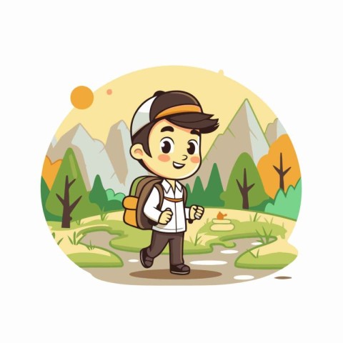 Cute little boy with backpack in the forest. Vector illustration