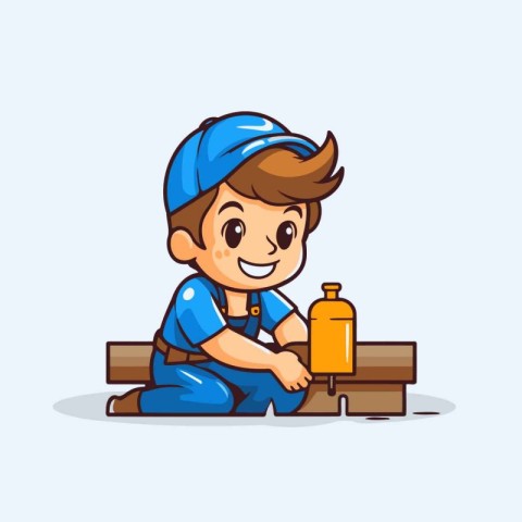 Cute Little Boy Plumber Carrying a Bottle of Water Vector Illust