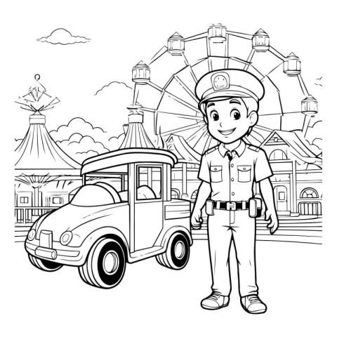 Black and White Cartoon Illustration of a Police Officer or Poli