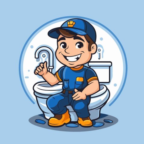 Plumber in the toilet. Vector cartoon character illustration iso