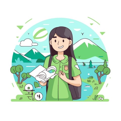 Tourist woman with map and cup of coffee. Vector illustration.