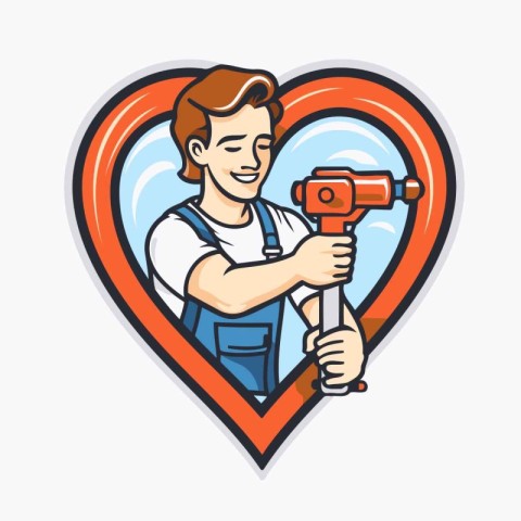 Vector illustration of a plumber holding a drill in the shape of