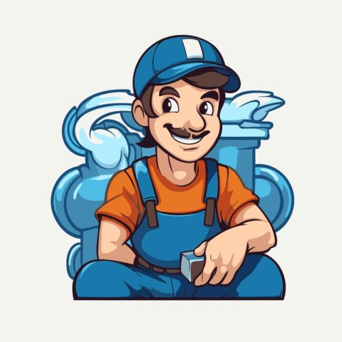 Vector illustration of a cartoon plumber with a pipe in his hand