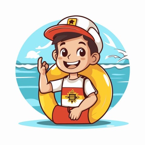 Cute cartoon boy in sea lifebuoy. Vector illustration.