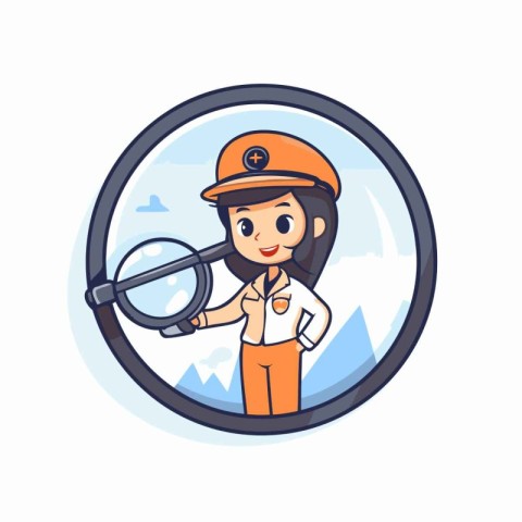 Female security guard with magnifying glass. Vector illustration