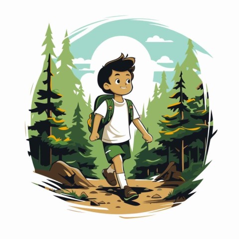 Boy with backpack hiking in the forest. Vector illustration in c