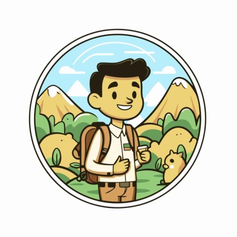 Hiking man with a backpack in the mountains. Vector illustration