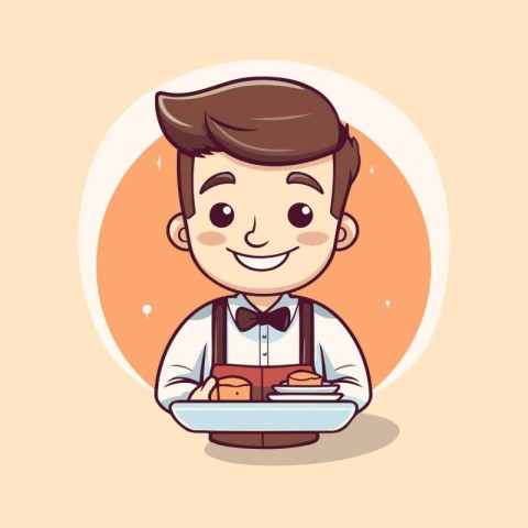 Cute waiter holding a tray of food. Vector illustration in carto