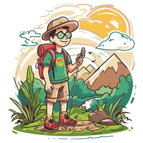 Vector illustration of a boy hiker with a backpack and a microph