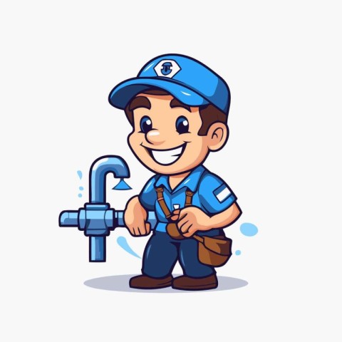 Plumber in blue uniform with a plumber's tool. Vector illustrati