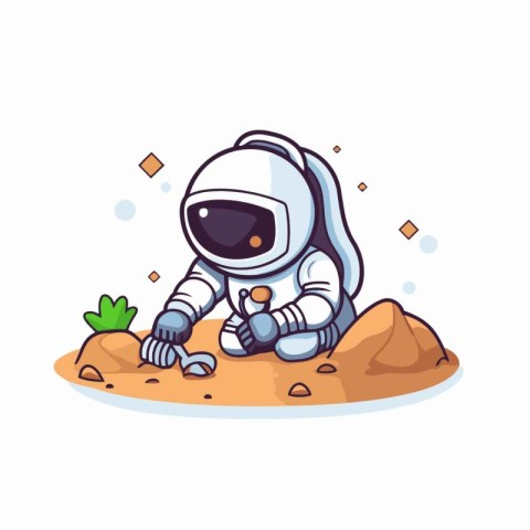 Astronaut sitting on the sand. Cute cartoon vector illustration.